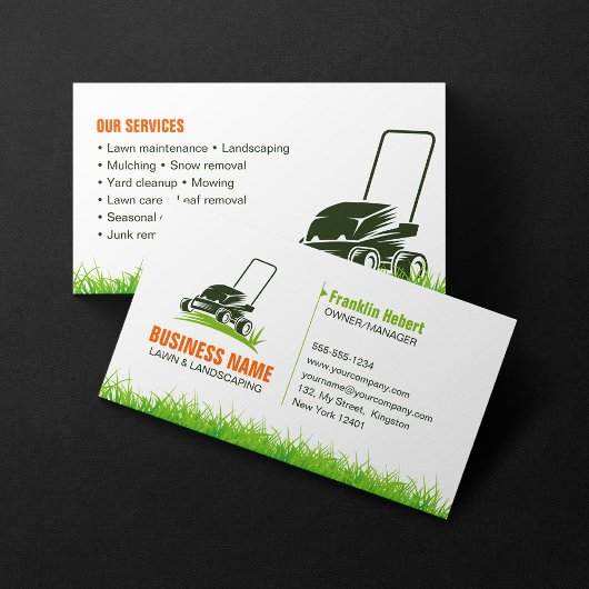Landscaping Mow beruflich Green Orange Lawncare Visitenkarte