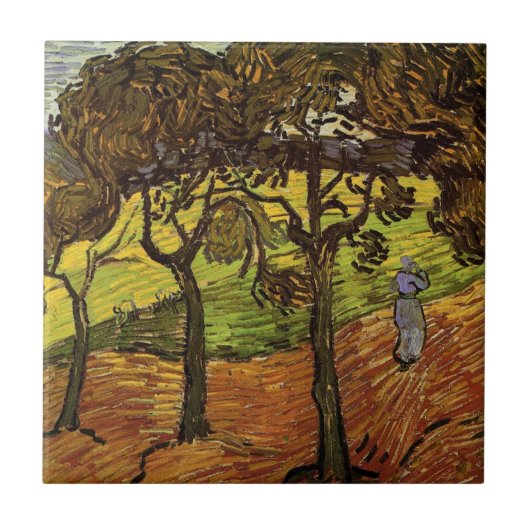 Landschaft, Bäume und Figuren von Vincent van Gogh Fliese (Vorderseite)