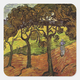 Landschaft, Bäume und Figuren von Vincent van Gogh Quadratischer Aufkleber