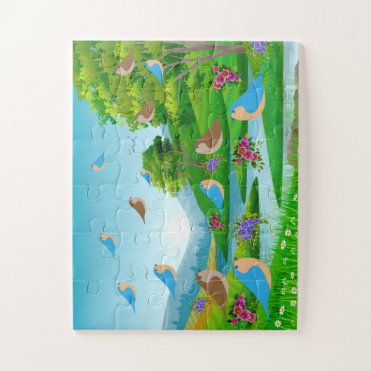 Landschaft Bäume Vögel Blume Natur, Alter 4 Puzzle (Vertikal)