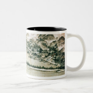 Landschaft der Berge und des Flusses Zweifarbige Tasse