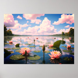 Landschaft des Sees mit Blume und rosa Wolken | Poster