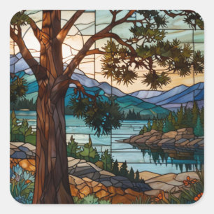 Landschaft einer rustikalen Bergkette in Buntglas  Quadratischer Aufkleber