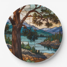 Landschaft einer rustikalen Bergkette in Buntglaso Pappteller