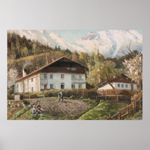 Landschaft eines vintage Alpenbauernhauses im Früh Poster