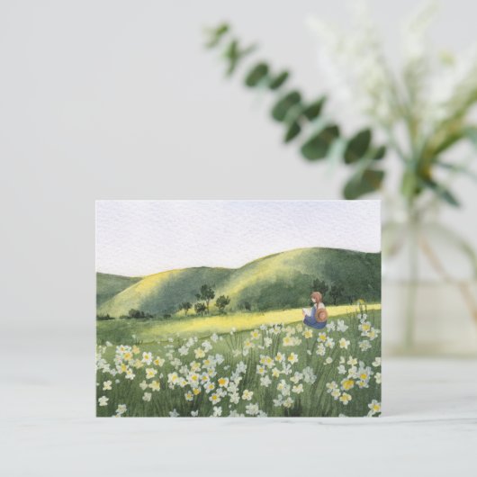 Landschaft florale draußen Mädchen lesen ein Buch Postkarte (Stehend Vorderseite)
