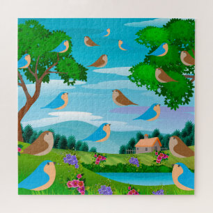 Landschaft Haus Bäume Vögel Blumen Natur, Alter 10 Puzzle