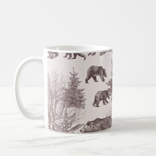 Landschaft mit Bären, Sträuchern, Winterbäumen und Kaffeetasse (Links)