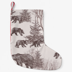 Landschaft mit Bären, Sträuchern, Winterbäumen und Kleiner Weihnachtsstrumpf