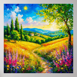 Landschaft mit Blumen auf dem Lande Poster