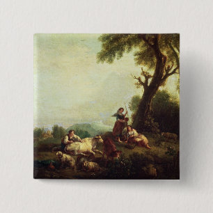 Landschaft mit den Bauern, die eine Herde des Button
