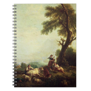 Landschaft mit den Bauern, die eine Herde des Notizblock
