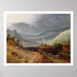 Landschaft mit einem Bauer Bridling Horses, a P Poster