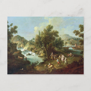 Landschaft mit einem Fluss und tanzende Bauern (Öl Postkarte
