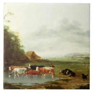 Landschaft mit einem Hirt und Vieh (Öl auf canva Fliese