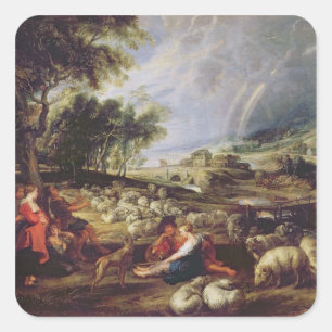 Landschaft mit einem Regenbogen Quadratischer Aufkleber