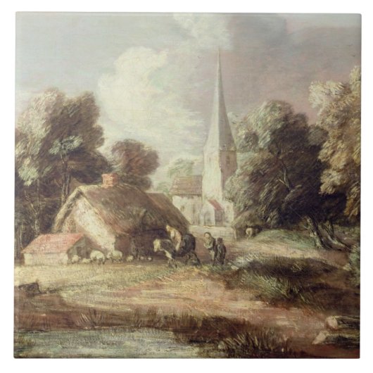 Landschaft mit einer Kirche, Hütte, Dorfbewohner Fliese (Vorderseite)