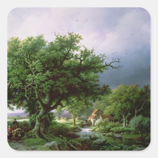 Landschaft mit einer Mühle Quadratischer Aufkleber (Vorderseite)