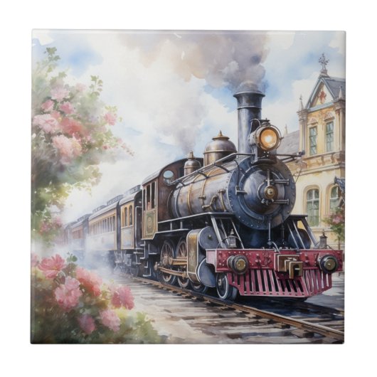Landschaft mit einer viktorianischen Eisenbahn Fliese (Vorderseite)