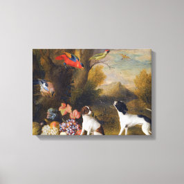 Landschaft mit exotischen Vögeln und zwei Hunden Leinwanddruck