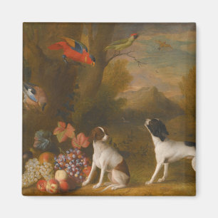 Landschaft mit exotischen Vögeln und zwei Hunden Magnet