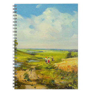 Landschaft mit Figuren von Menschen in der Nähe ei Notizblock