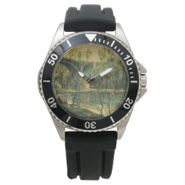 Landschaft mit Fluss und Brücke: Frühlingsvormitta Armbanduhr