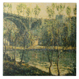Landschaft mit Fluss und Brücke: Frühlingsvormitta Fliese