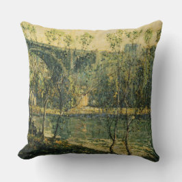 Landschaft mit Fluss und Brücke: Frühlingsvormitta Kissen