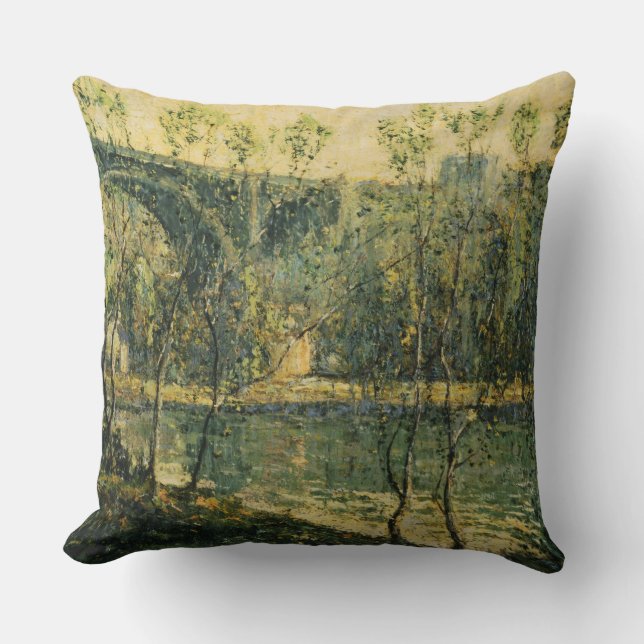 Landschaft mit Fluss und Brücke: Frühlingsvormitta Kissen (Vorderseite)