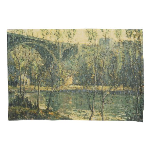 Landschaft mit Fluss und Brücke: Frühlingsvormitta Kissenbezug (Vorderseite-Links)