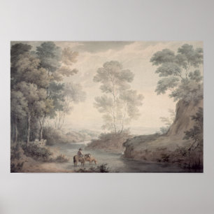 Landschaft mit Fluss und Pferden Wassersport Poster