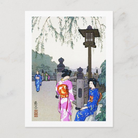 Landschaft mit Frauen in einem Kimono, Hiroshi Yos Postkarte (Vorderseite)