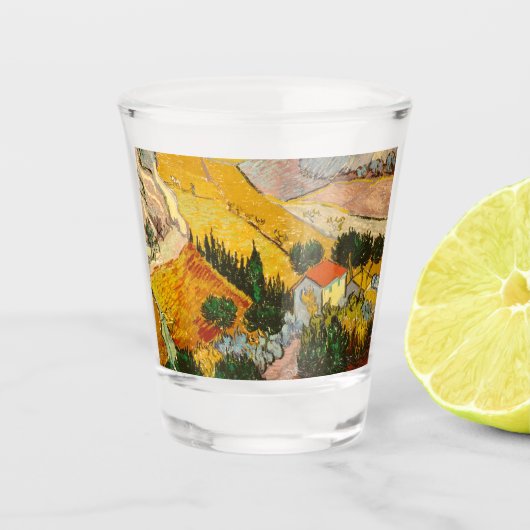 Landschaft mit Haus und PloughmaVincent van Gogh Schnapsglas (Vorderseite)