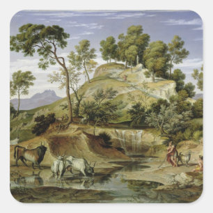 Landschaft mit Hirten und Kühen Quadratischer Aufkleber