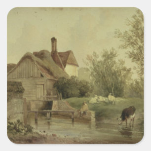 Landschaft mit Hütte Quadratischer Aufkleber