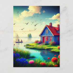 Landschaft mit Hütte und See-434567 Postkarte