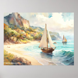 Landschaft mit Meer und Segelschiffen Poster