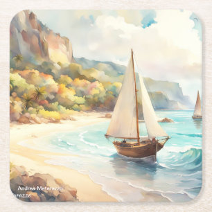 Landschaft mit Meer und Segelschiffen Rechteckiger Pappuntersetzer