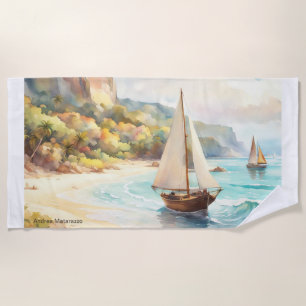 Landschaft mit Meer und Segelschiffen Strandtuch