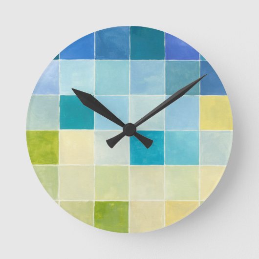 Landschaft mit mehrfarbigen, pixeligen Quadraten Runde Wanduhr (Vorderseite)