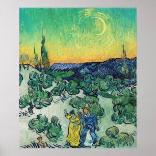 Landschaft mit Paarwandern & Crescent Moon Poster