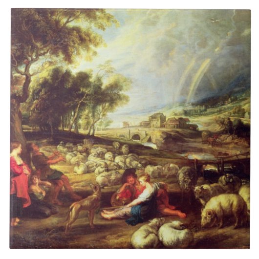 Landschaft mit Regenbogen (Öl auf Leinwand) Fliese (Vorderseite)