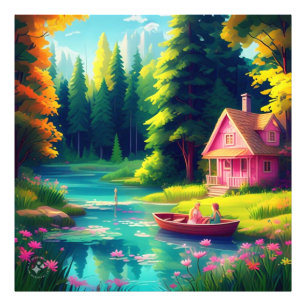 Landschaft mit rosa Hütte Fotodruck