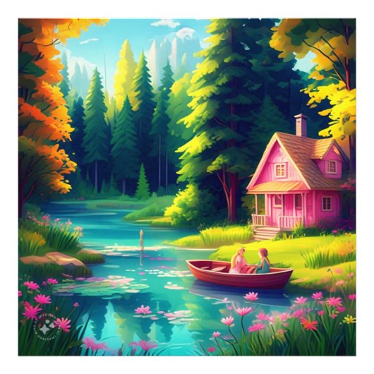 Landschaft mit rosa Hütte Fotodruck (Vorne)