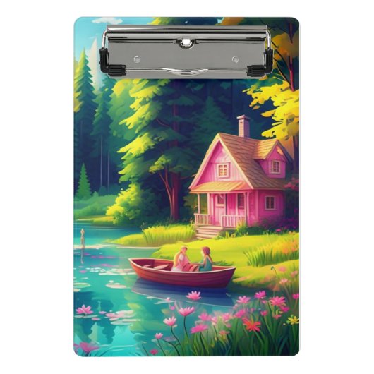 Landschaft mit rosa Hütte Mini Klemmbrett (Vorderseite)