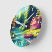 Landschaft mit rosa Hütte Runde Wanduhr (Winkel)
