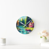 Landschaft mit rosa Hütte Runde Wanduhr (Zuhause)