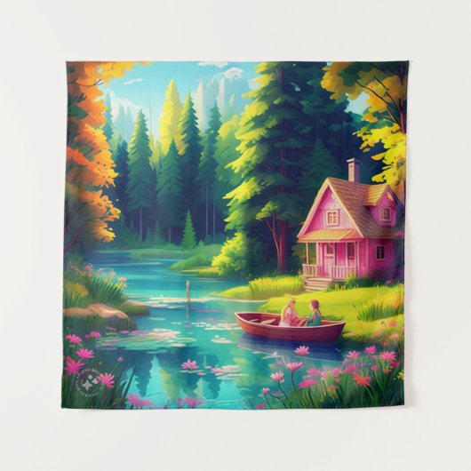 Landschaft mit rosa Hütte Wandteppich (Vorderseite)