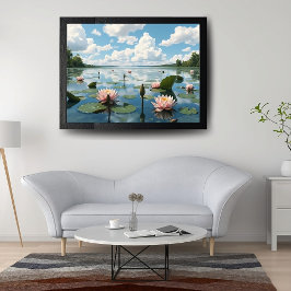 Landschaft mit rosa Wasserblüten und wolkiger Himm Poster